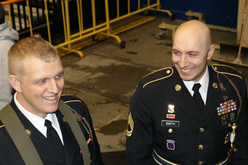 Waiting to do color guard for the national anthem with his platoon sergeant